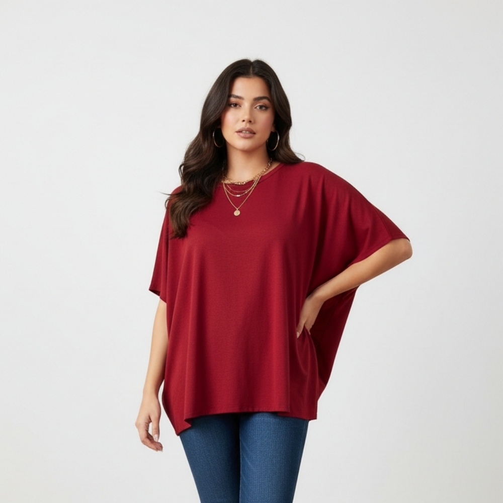 Planet By Lauren G Red Pima Cotton Round Neck Oversized Short Sleeve T Shirt OS